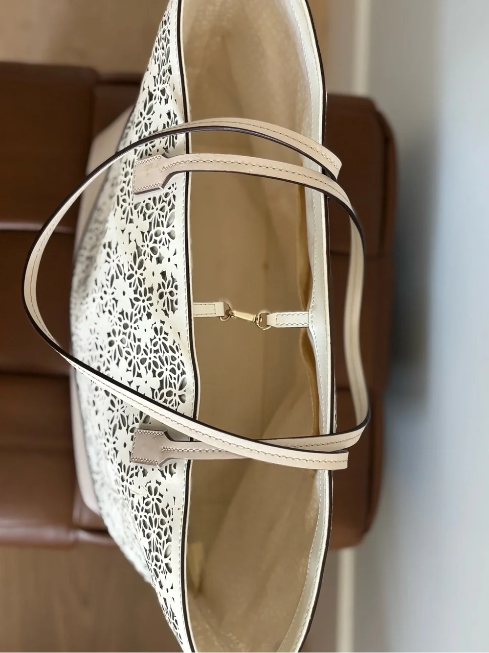 kate spade Cream Laser-Cut Floral Tote with Pale Pink Trim